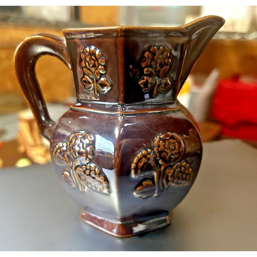 Vintage Norleans Japan Brown Embossed Ceramic Pitcher Creamer Grapes Mid Century